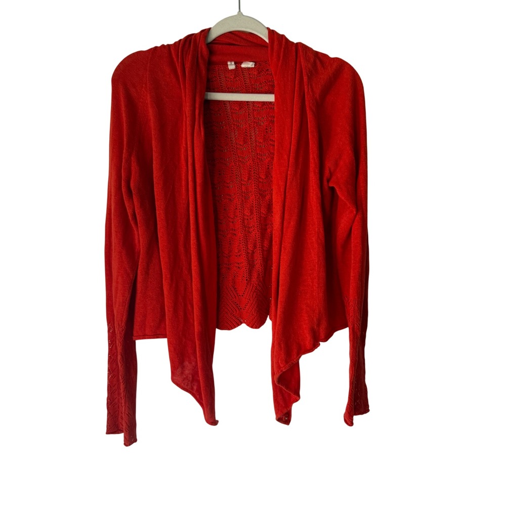 Anthropologie MOTH  Red Orange Lace Knit Waterfall Cardigan Sweater Crochet Boho